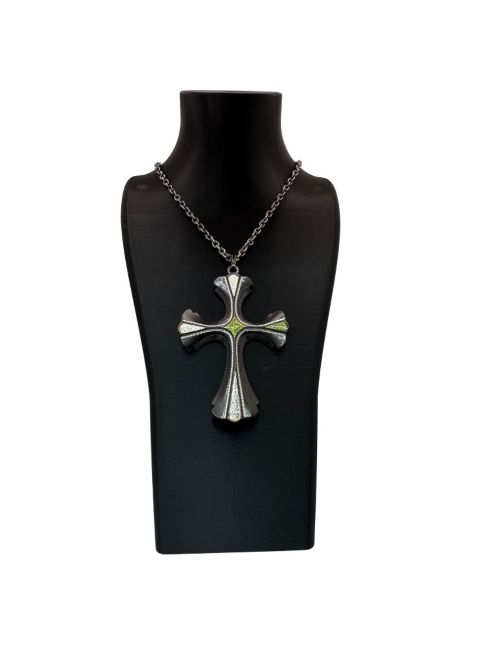 Vintage Sarah Coventry 1976 Limited Cross Necklace Green Enamel Silver Tone 24”
